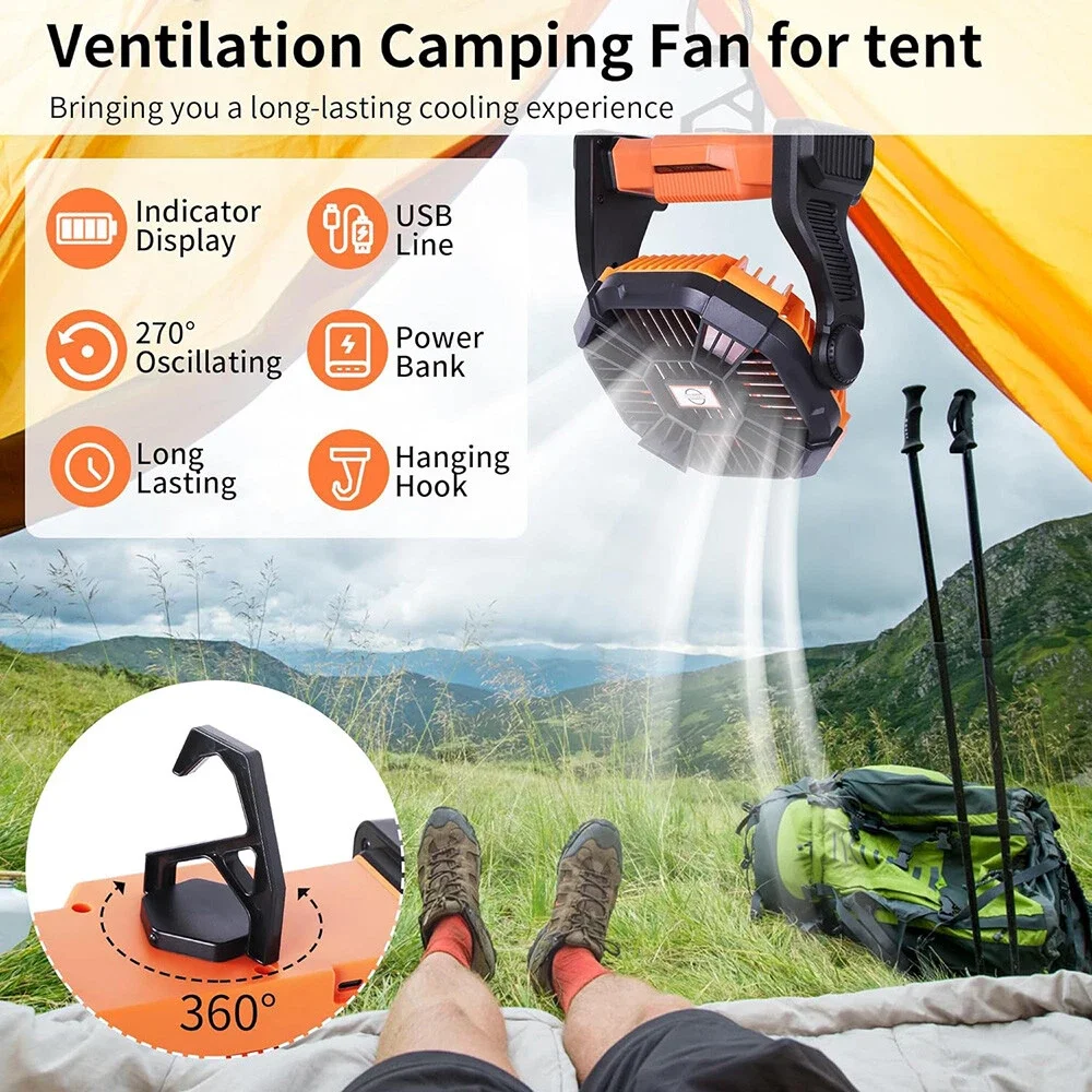Portable Outdoor Camping Fan With LED Lantern USB Rechargeable Battery Powered Tent Fan Long-lasting Power Summer Cooling Tools