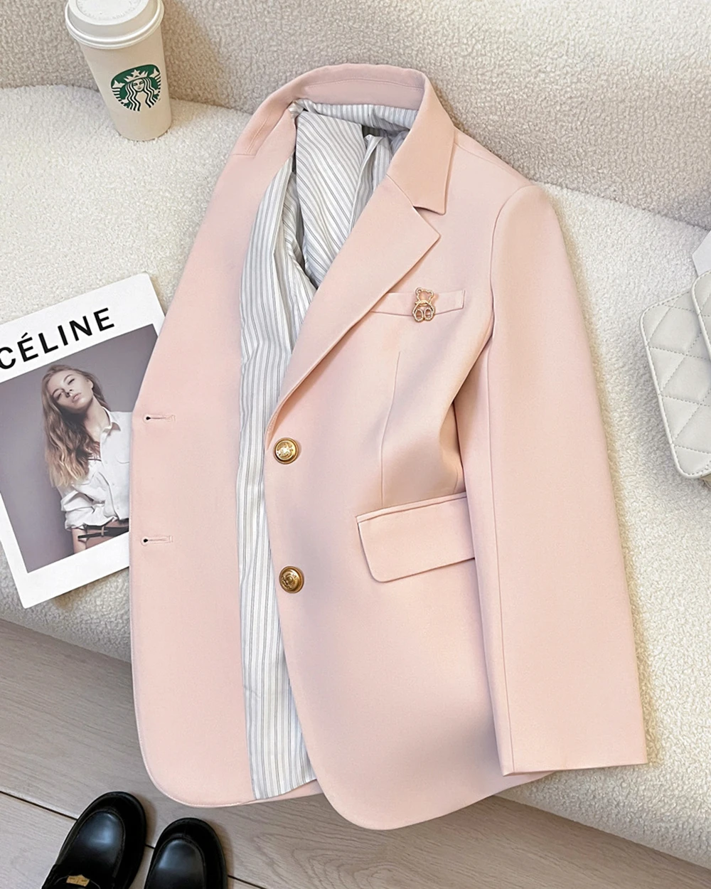 Pink Women's Casual Suit Jacket Classic Fashion Design Women's Coat Office Style, Gentle and Versatile Ladies' Clothing Suit
