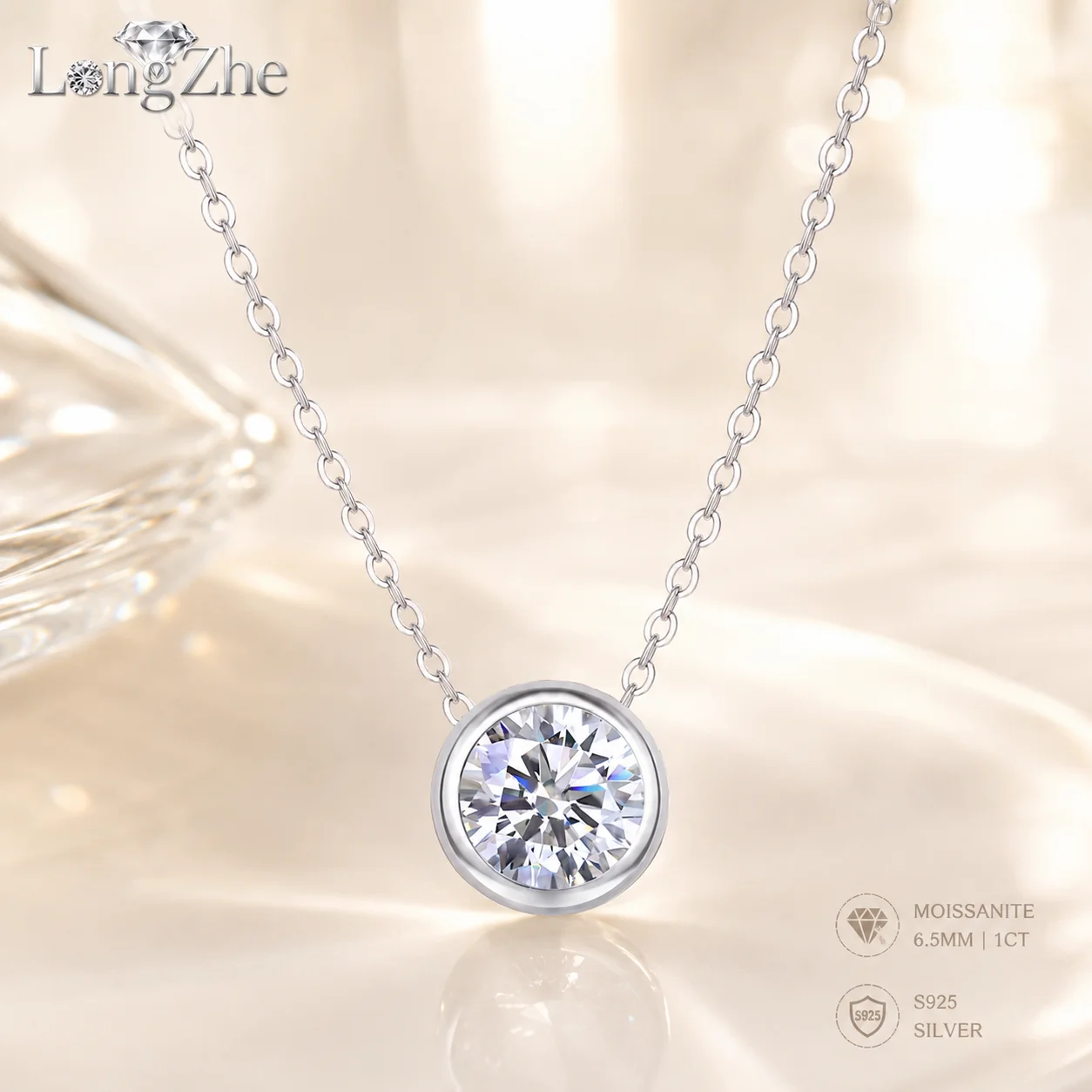 1CT Moissanite Pendant Necklace for Women S925 Sterling Silver 18K White Gold Plated Bezel Solitaire D Color VVS1 Fine Jewelry