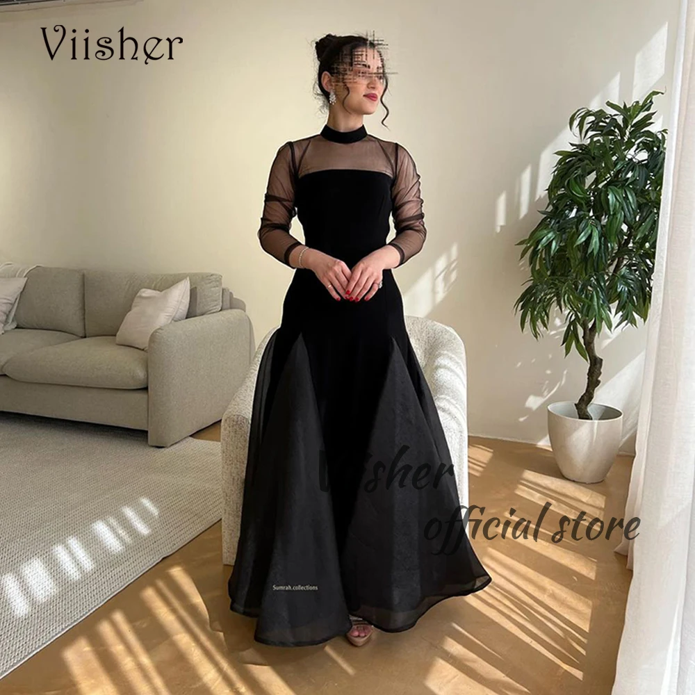 

Viisher Black Mermaid Evening Dresses Long Sleeve High Neck Arabian Dubai Formal Prom Dress Floor Length Wedding Party Gowns