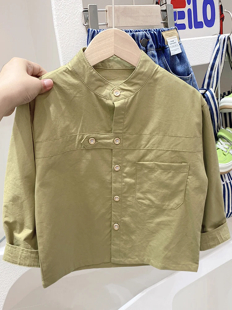 Fashion Boys Cotton Shirt Long Sleeve Stand Collar White Shirts Spring Autumn Korean Style Boys Casual Solid Color Tops