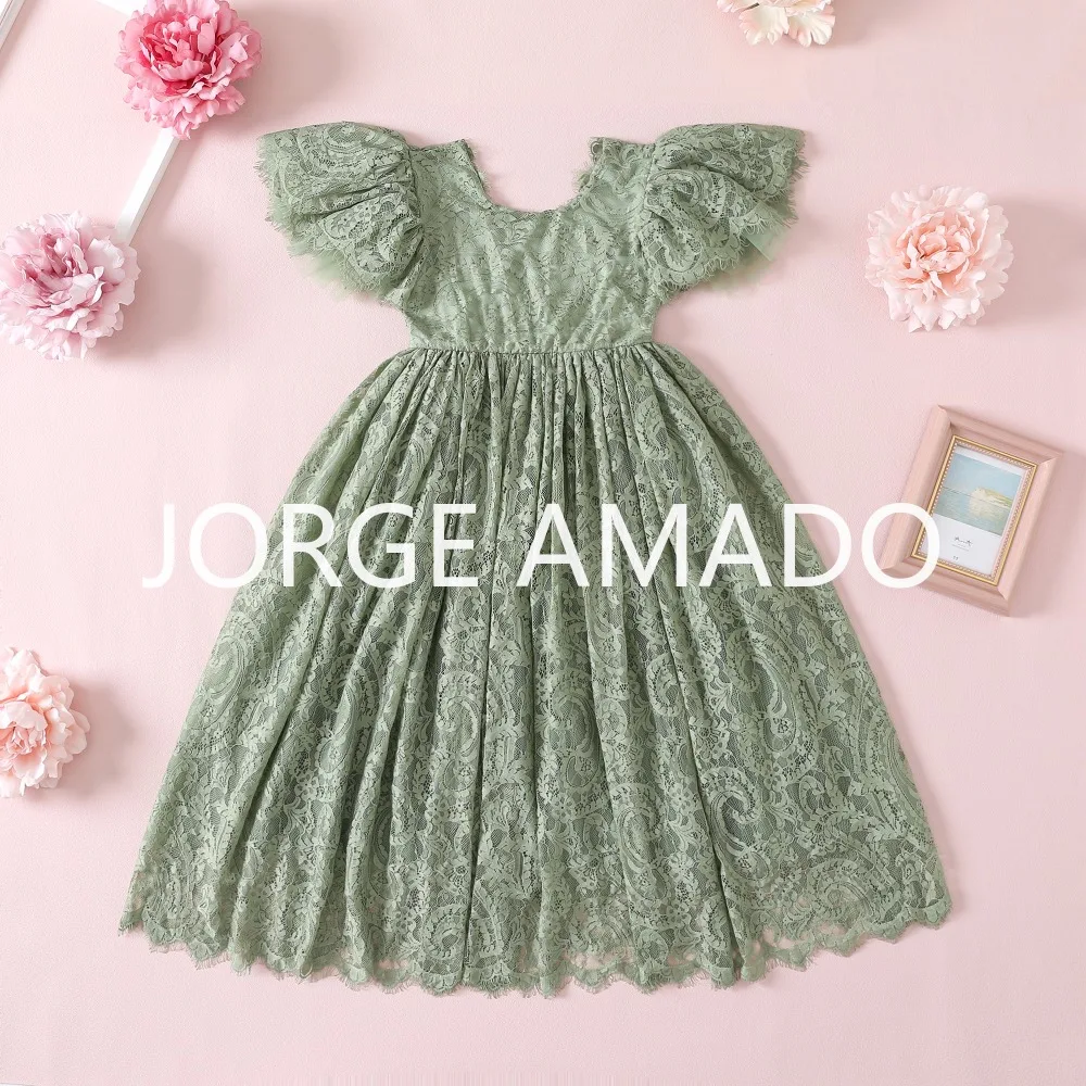 

Kids Girls Summer Party Long Dress Solid Color Flutter Sleeve Backless Gown Vintage Lace Wedding Birthday Formal Dresses H5986-4