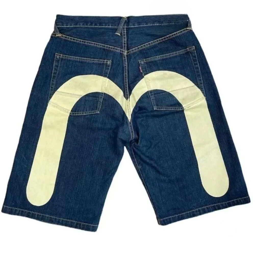 2025 summer new denim shorts men's trendy gothic hip-hop style printed M-pattern shorts five-point casual loose pants hot sale