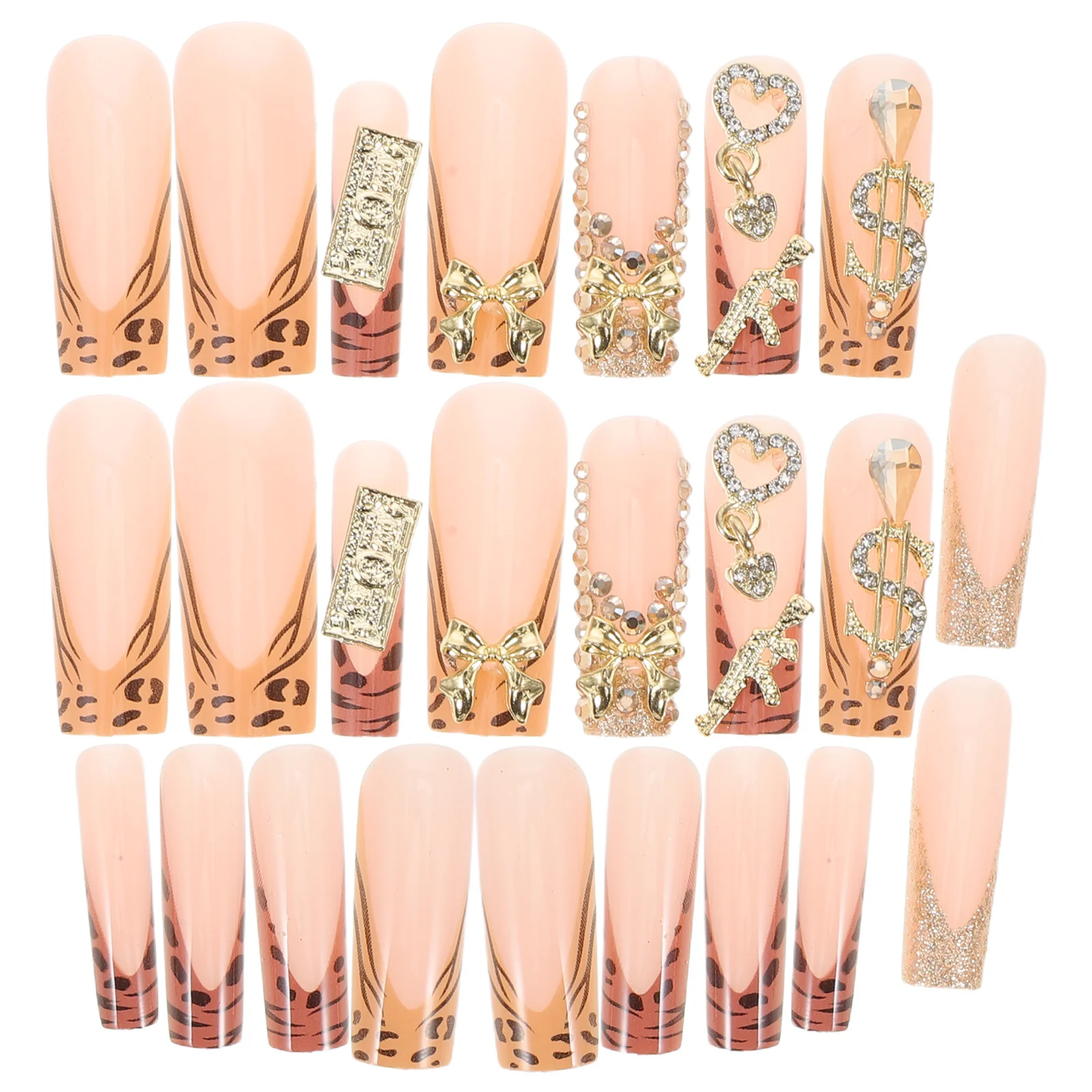 Ensemble de faux ongles longs en forme de cercueil, 1 boîte, couleurs assorties, imprimé léopard, nœud français doré, Nail Art pour femmes et filles