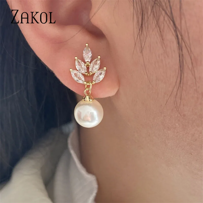 ZAKOL Elegant Cubic Zirconia & Imitation Pearl Leaf Dangle Earrings for Women Fashion Bridal Wedding Party Jewelry FSEP499