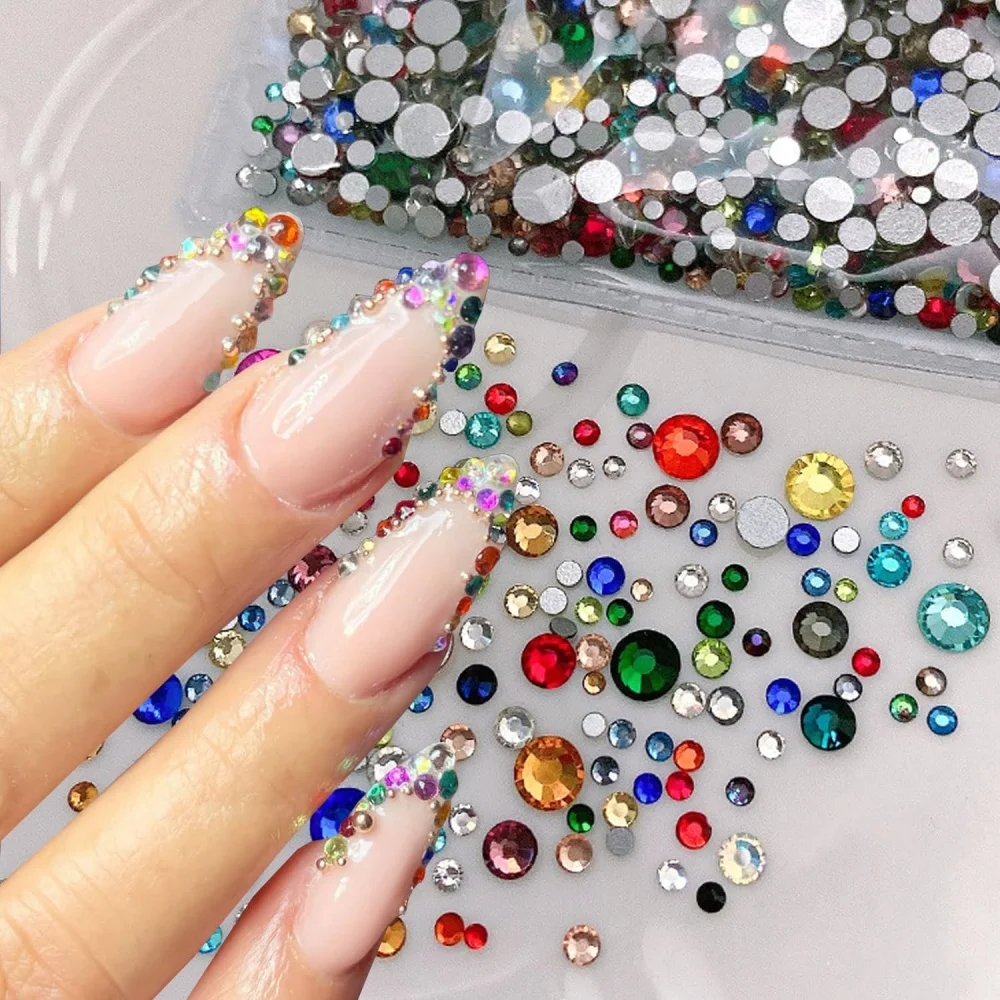 12 Gitter 3D Bunte Runde Perlen Kristall Nagelkunst Strass Flache Glasdiamanten Nagel-Charms DIY Maniküre Dekoration
