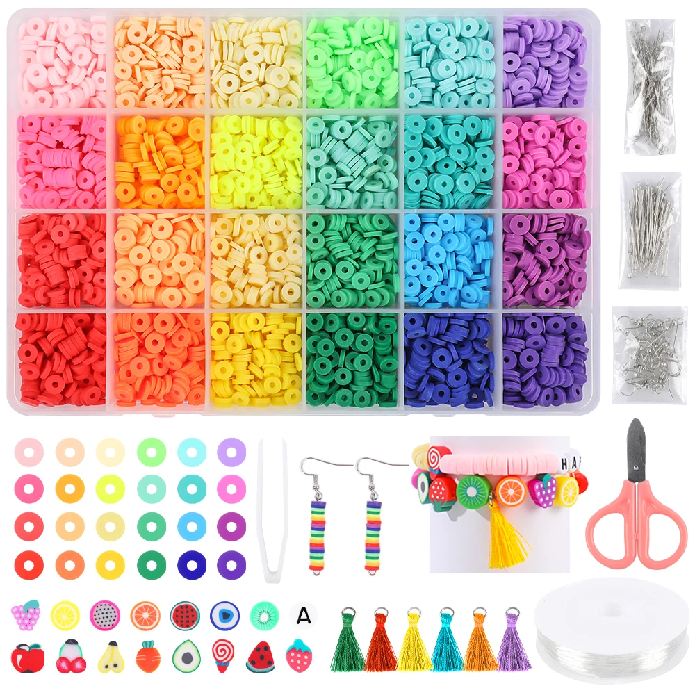 Makersland 6mm Beads for Jewelry Making Set Box Kids Diy Bracelet Kit for Kids Fruit Letter Clay Beads Bracelet Necklace Kit