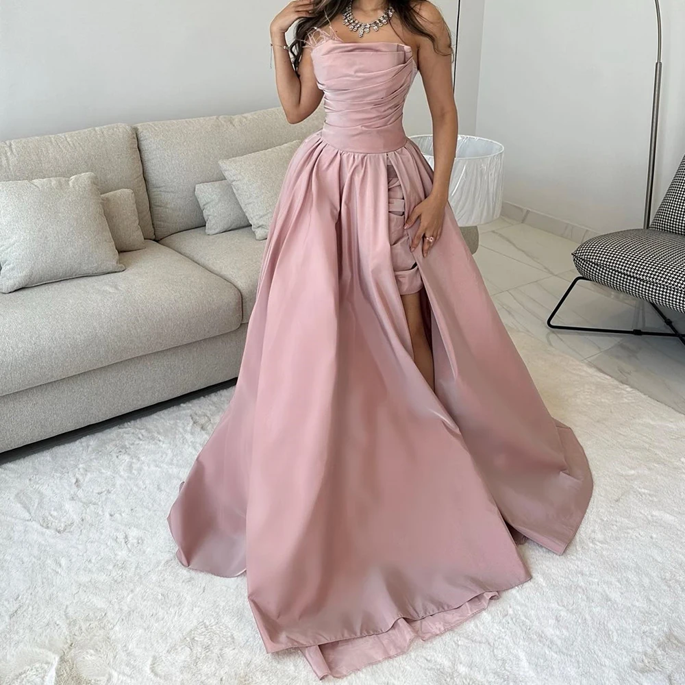 

Customized Temperament Pleat Strapless Floor Length A-Line Vestidos De Fiesta Satin Sleeveless Sweep Train Vestidos Para Mujer