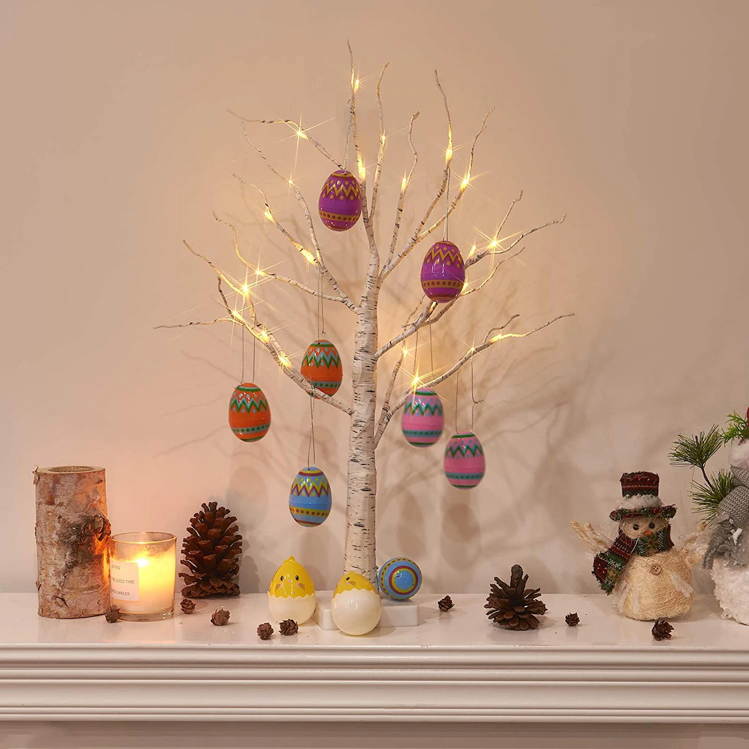 60cm Easter Birch Tree with Led Light Decoration Easter Eggs Hanging Ornaments Happy Easter Party Tabletop Tree Decor Kids Gifts