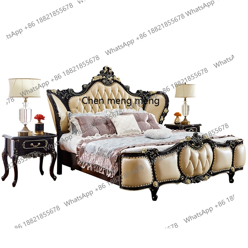 European ebony solid wood bed leather wedding bed first layer cowhide bed 1.8m bedroom furniture