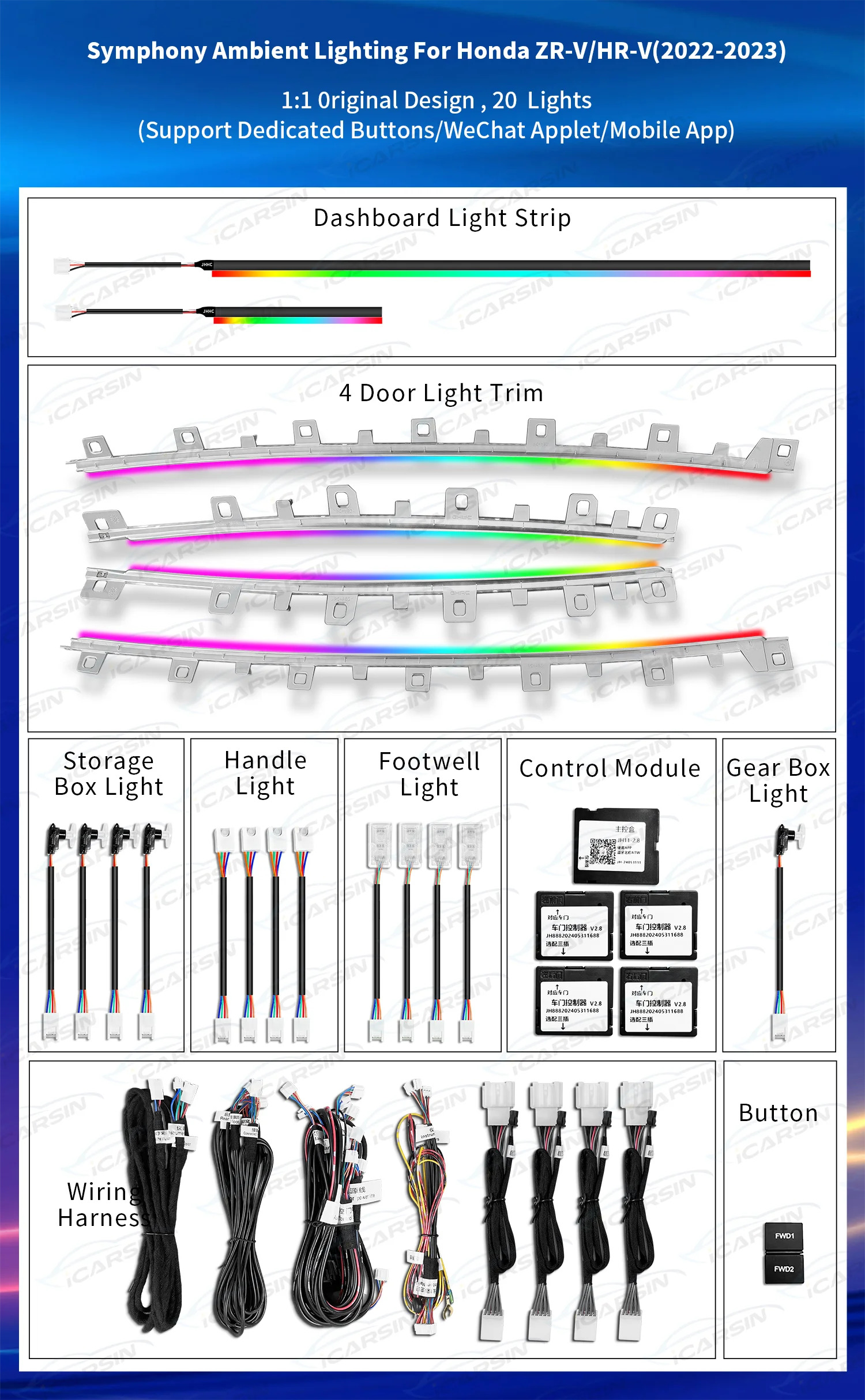 iCarsin Upgrade 256 colors Led Car Interior Ambient Lighting For Honda HRV 2022-2023 Atmosphere Strip Decoration Accessories