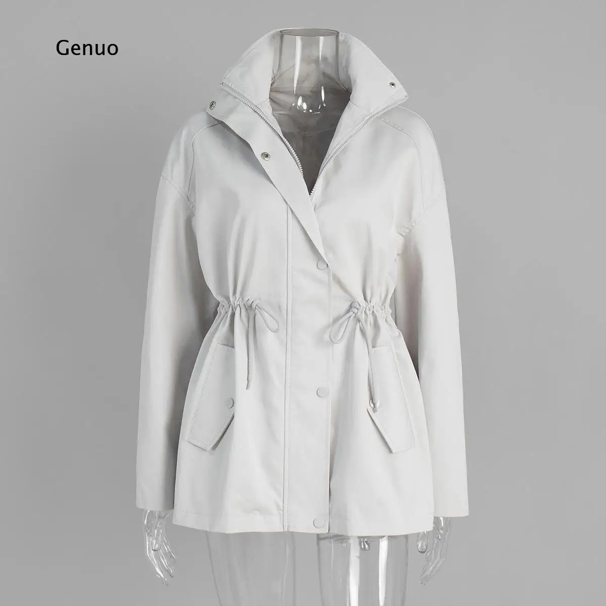 2026 Women Stand Collar Mid Length Trench Coat Drawstring Waist Cotton Jacket Autumn Winter Outerwear