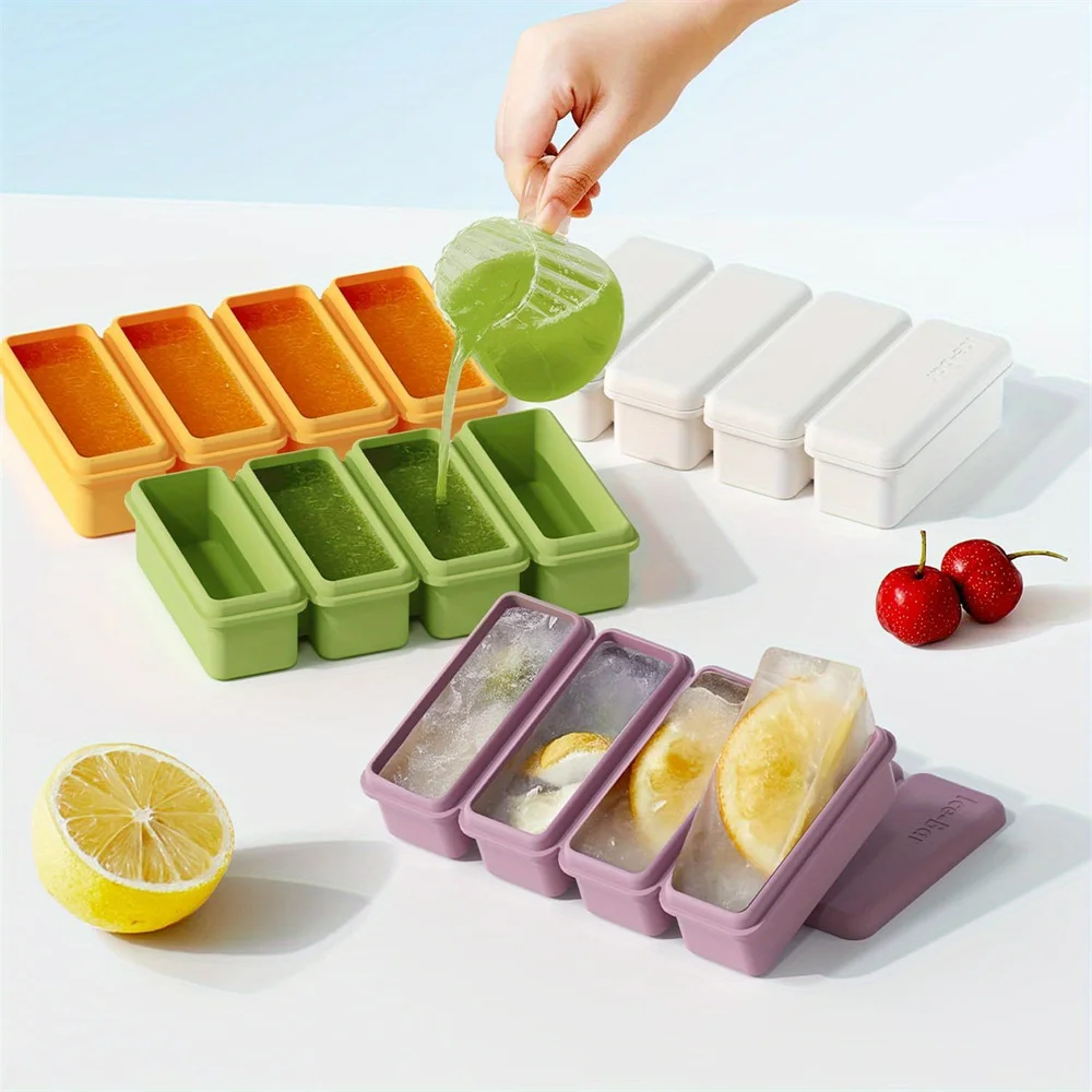 4 Grids Silicone Ice Cubes Trays With Lid Homemade Popsicle Mould Food Freezing Container for Freezer Molds for Soups and Sauces
