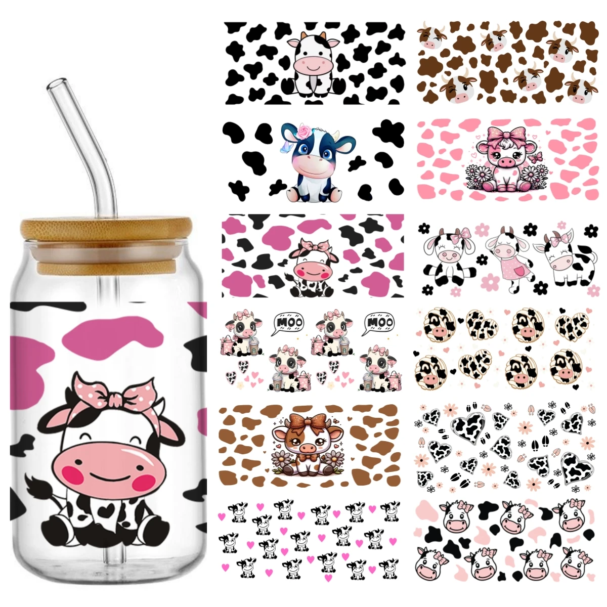 

Cartoon Cow Pattern UV DTF Transfer Sticker Waterproof Transfers Decals For 16oz Glass Cup Wrap Stickers