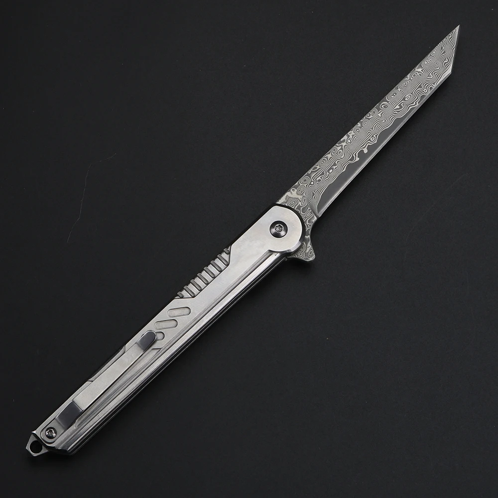 XUANFENG Steel handle folding knife, real Damascus steel outdoor small knife camping hunting knife