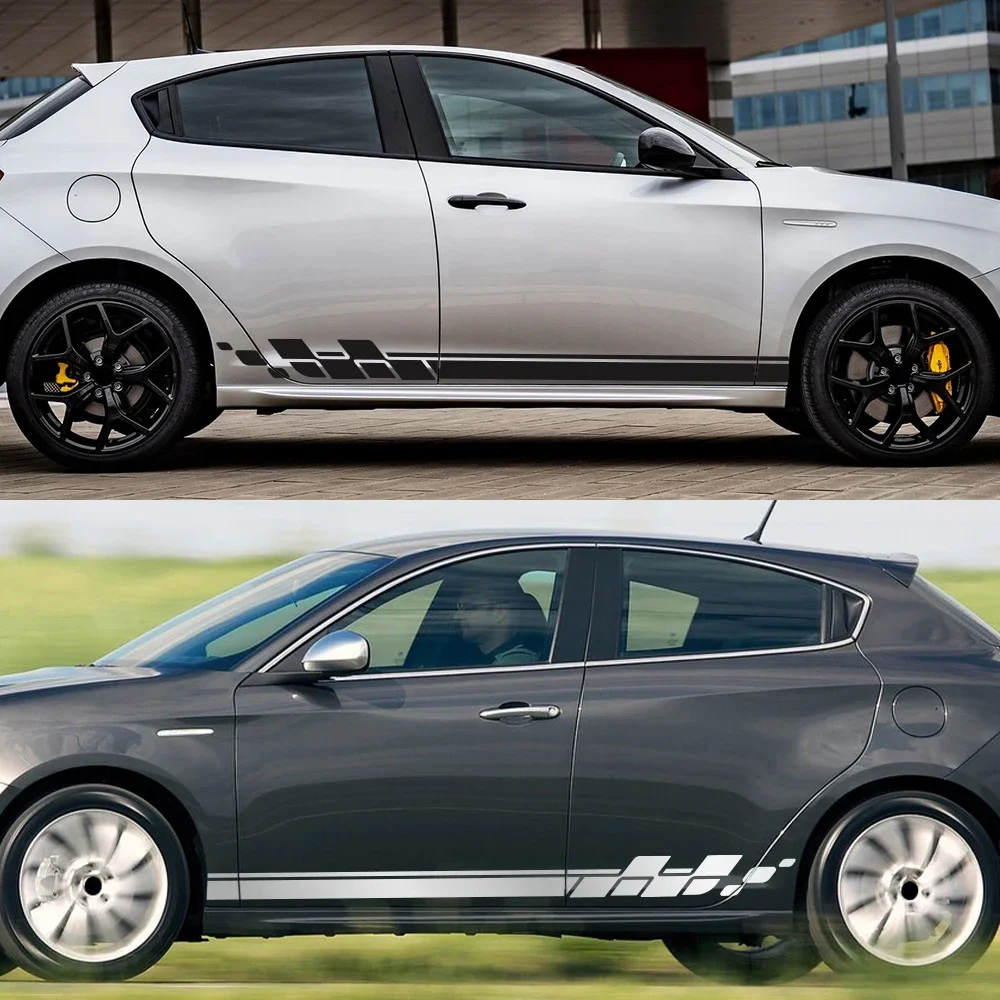2Pcs Car Side Door Graphic Sticker For Alfa Romeo Giulietta 940 2010‑2020, Racing Checkered PVC Vinyl Decal Auto Exterior Decor