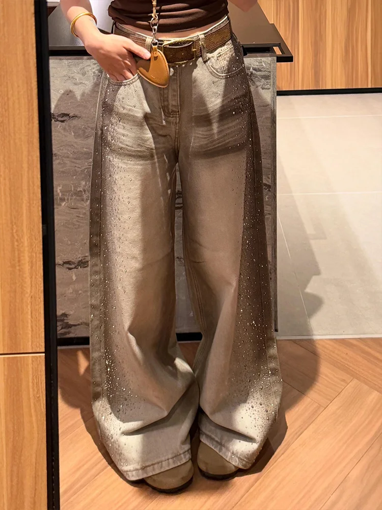 Retro American Design Faded Denim Jeans Women Summer Spicy Side Rhinestone Floor-Length Pants Natural Waist Loose Fit Pure Color