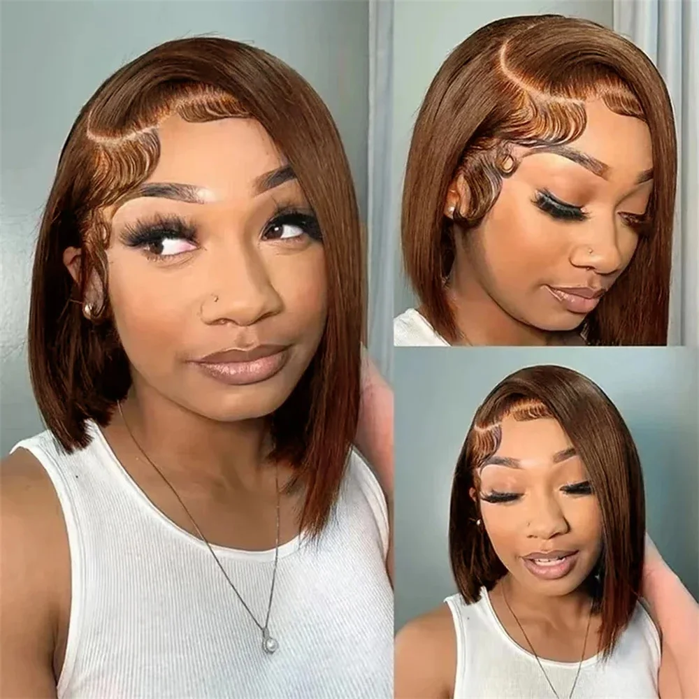 

#4 Straight Human Hair Bob Wig Chocolate Brown 13x4 HD Lace Frontal Pre Plucked Bob Wig Bob Wigs 14 Inch For Black Women