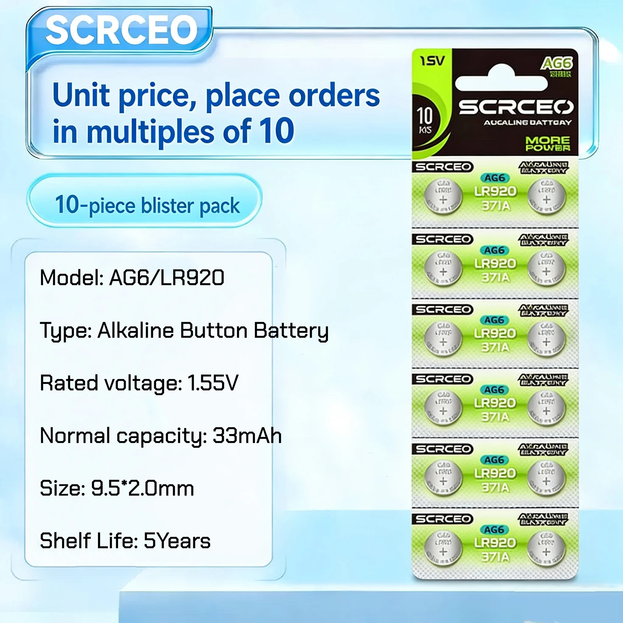 AG6 LR920 Alkaline Button Cell  Batteries 1.55V Button Coin Cell  371 SR920SW SR927 171 370 L921 LR69 SR920 Watch Battery