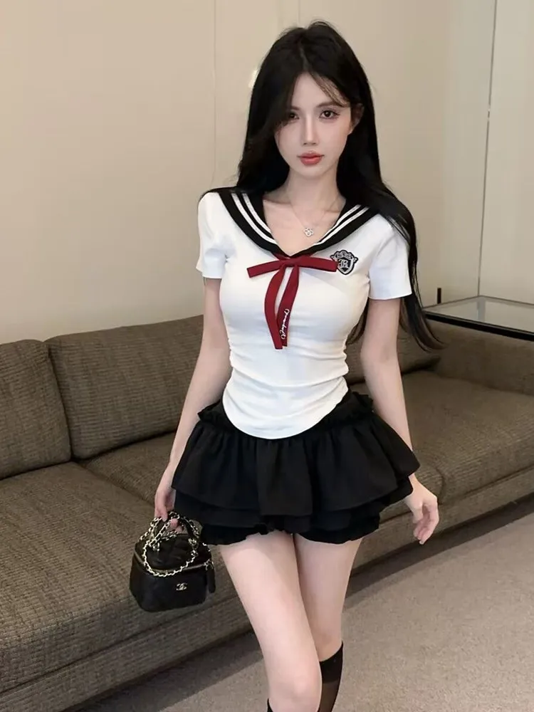 

Slim Fit Short Sleeve Navy Collar Uniform Set Summer Style Kawaii Girl Outfit Two Piece Suit V Neck Short Skirt Included