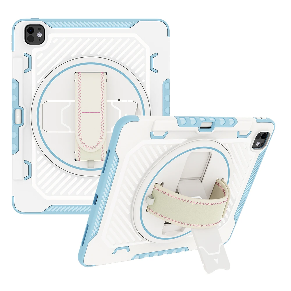 

For iPad Pro 13 (2024) Case Kickstand PC + TPU Shockproof Tablet Cover with Hand Strap / Pen Slot - Blue