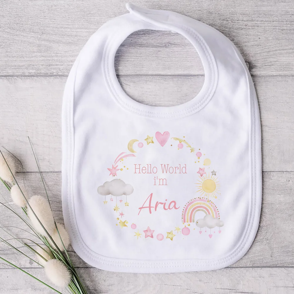 Newborn Baby Homecoming Outfits Personalised Hello World Babygrow & Baby Bibs Set Baby Shower Gift Infant Toddler Clothes