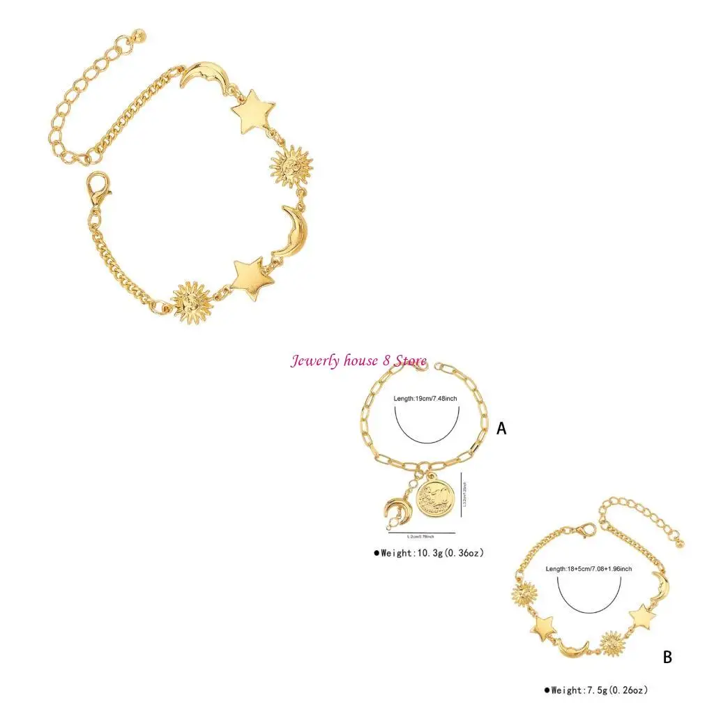 

Adjustable Moon Star Charm Wristband 14K Gold Dainty Beach Jewelry Adjustable Gold Bracelet for Gatherings