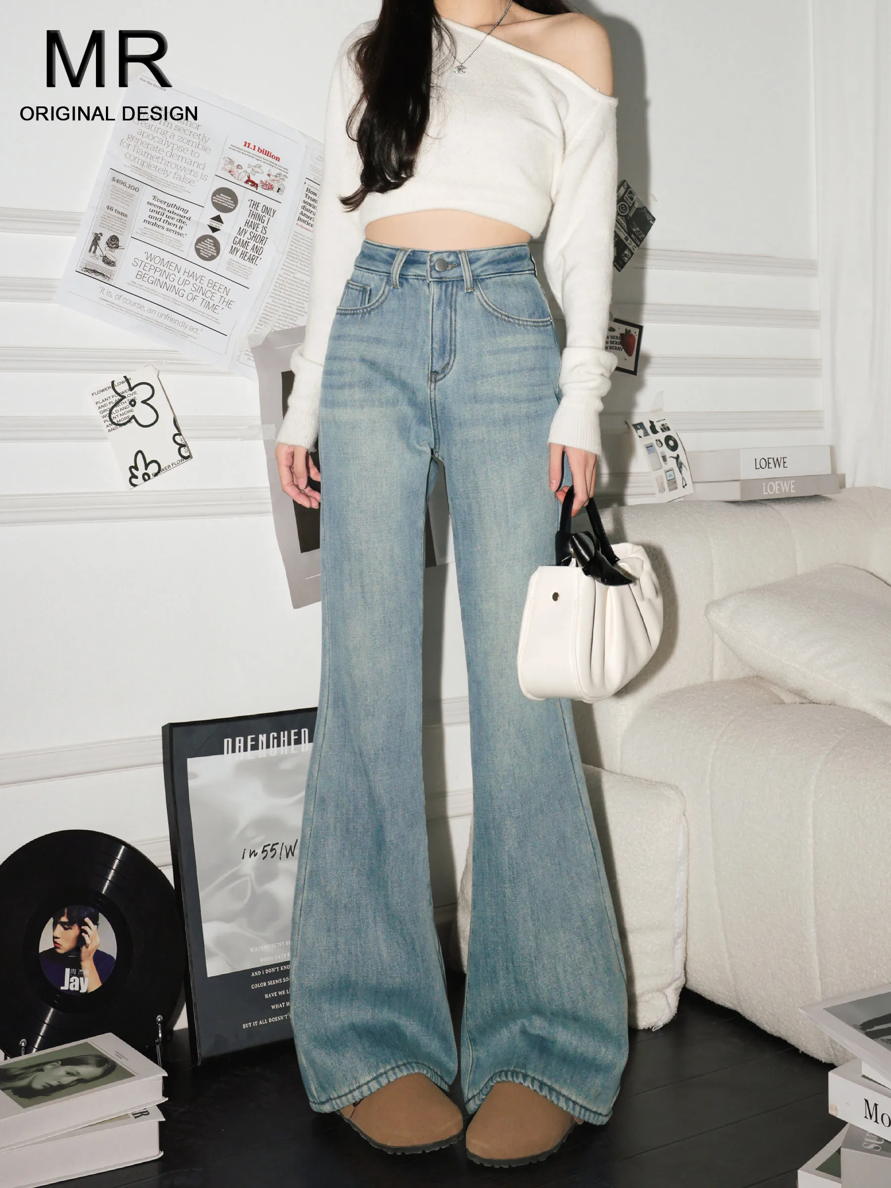 

Light Blue High Waist Flared Jeans Women's Summer New Loose Not Legging Draped Hoof Floor-Length Bell Pants