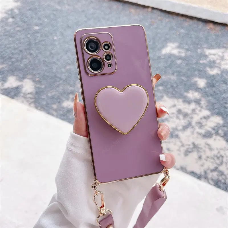 Pocox5 Plating Love Heart Holder Crossbody Lanyard Case For Xiaomi Mi Poco X5 X4 X3 Pro Nfc Back Cover On Poko X5pro X 5 4 3 F5