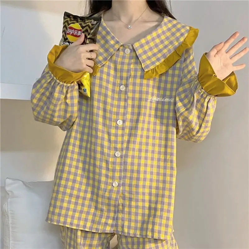 Plaid Sleepwear Women Pajama Sets Korean Piiama Ruffles Night Wears Autumn Pants Sets 2 Pieces Button Long Sleeve Home Suit New