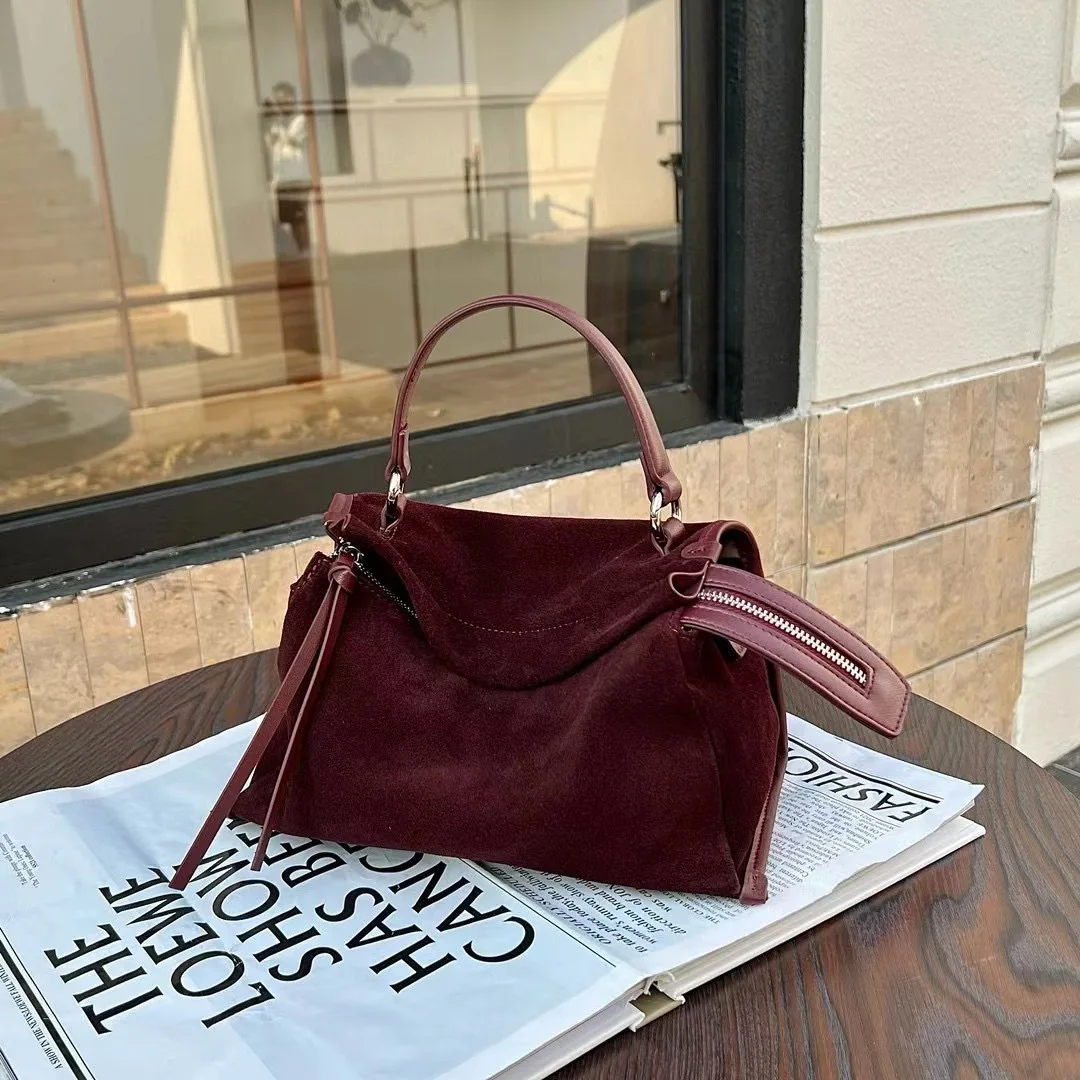 FIRMRANCH Premium Frosted Cowhide Leather Winter Popular Bordeaux Red Women\'s Handbag Diagonal Cross Bag Large Capacity Purse