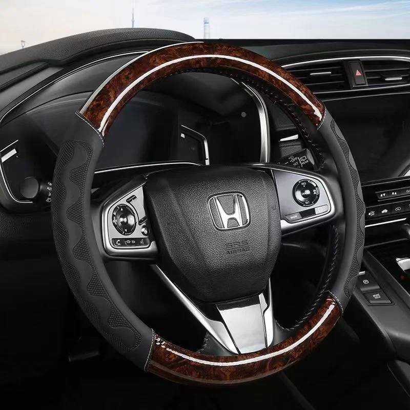 New Wood Grain Car Steering Wheel Cover PU Leather Luxury Auto Steering Wheel Protector 37-38CM Anti-Slip Breathable Universal