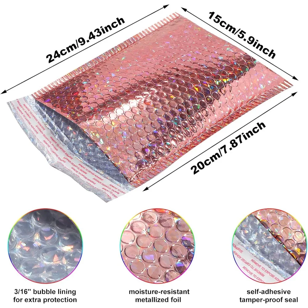 30 Pcs Holographic Bubble Mailers, 9.5x6 Inch Self-Sealing Padded Envelopes, Rose Gold