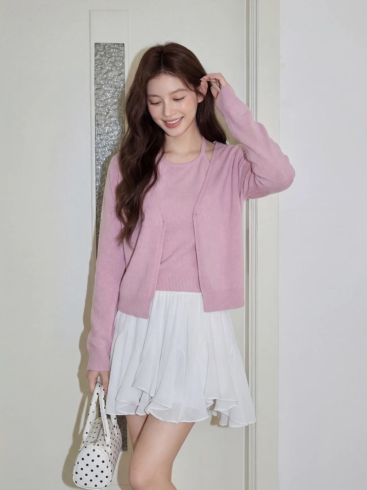 

Korean Style Women's Knitted Set Purple Neck Hanging Strap Loose Cardigan Knitted Outerwear Spring Two-Piece Set Top