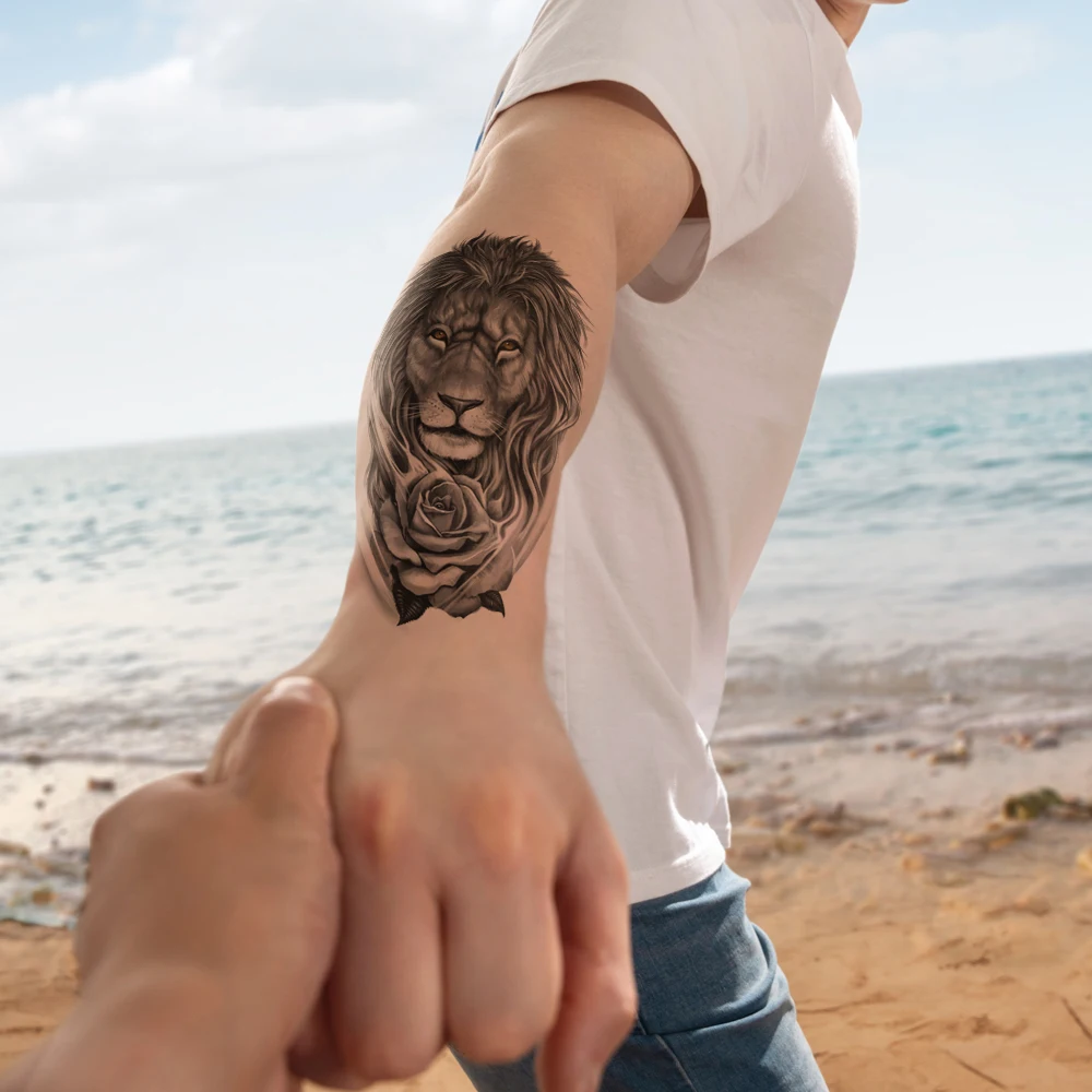 Waterproof Temporary Tattoo Sticker Black Forest Lion Tiger Flash Fake Tattoo Women Wolf Crown Body Art Arm Men,Cool Sexy Decals image 2
