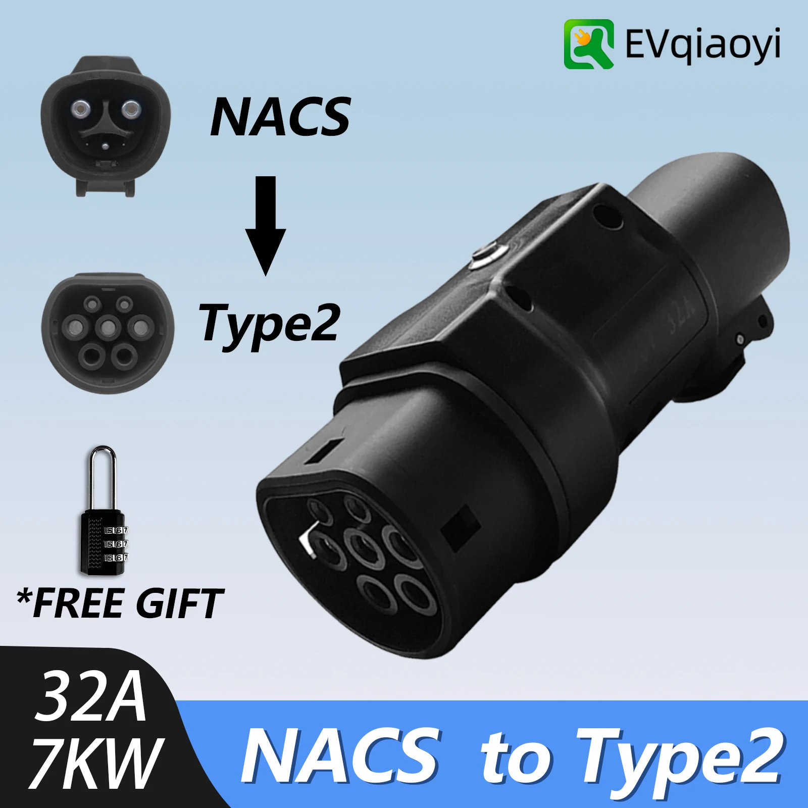 

EVqiaoyi NACS to Type2 32A 7KW Charging Adapter Convert Tesla Charging Pile to Type2 Connector for EU Standard Electric Vehicles