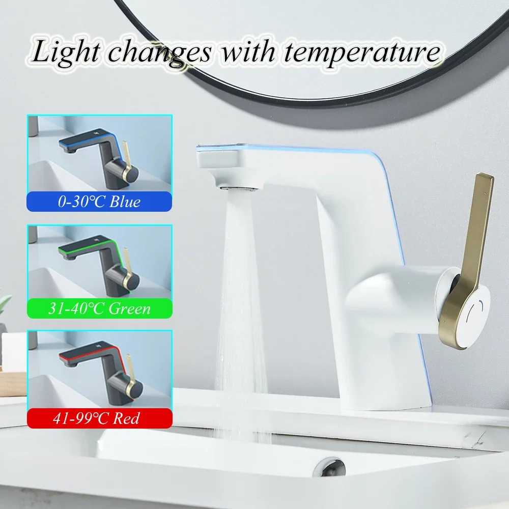 

White Temperature Display Basin Faucet LED Light 2 Modes Sprayer Hot Cold Water Sink Mixer Wash Tap Single Hole For Bathroom