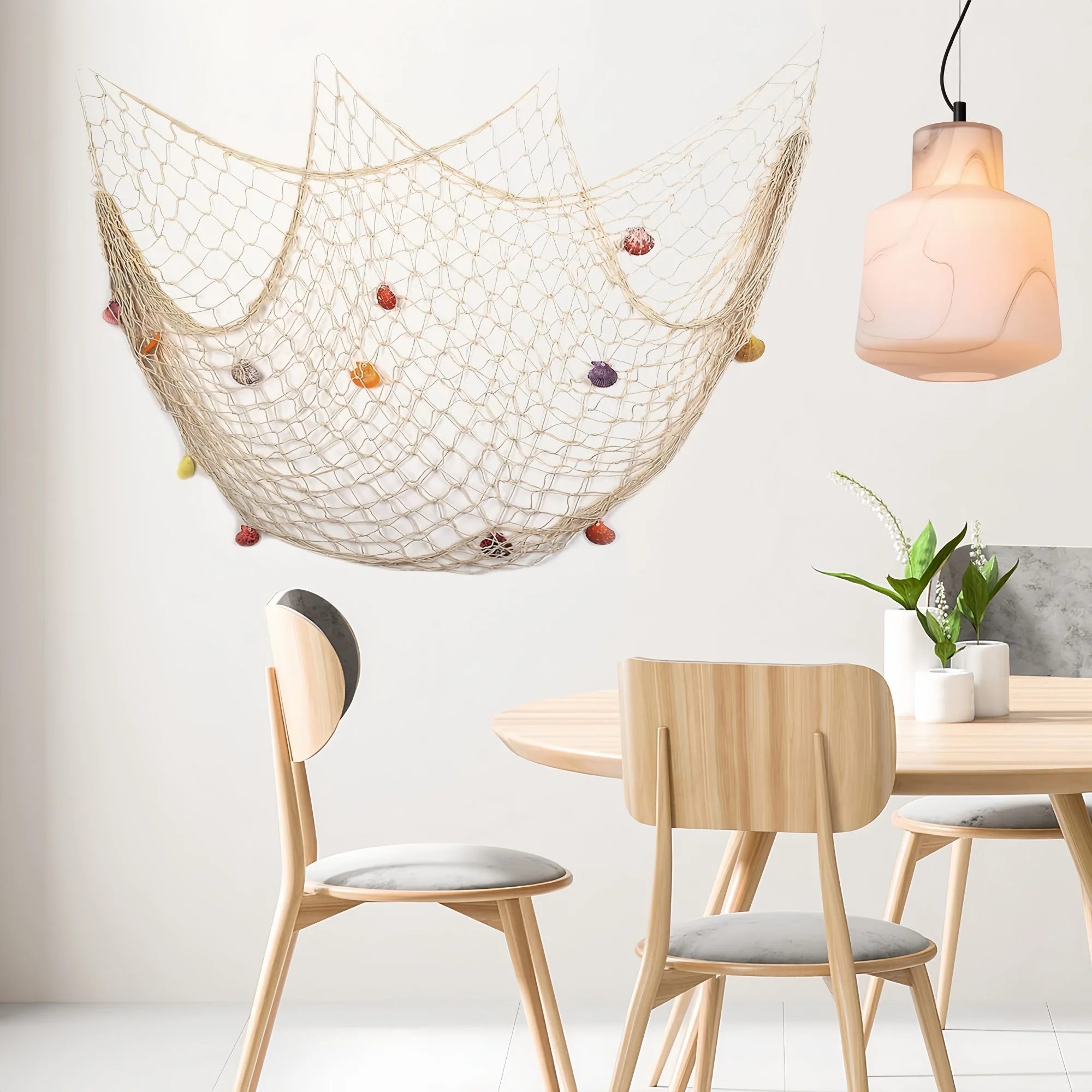 Fischnetz-Wanddekoration mit Muscheln - Dekoratives Fischernetz im nautischen mediterranen Stil aus Baumwolle zum Aufhängen von Fotos – Detail 6