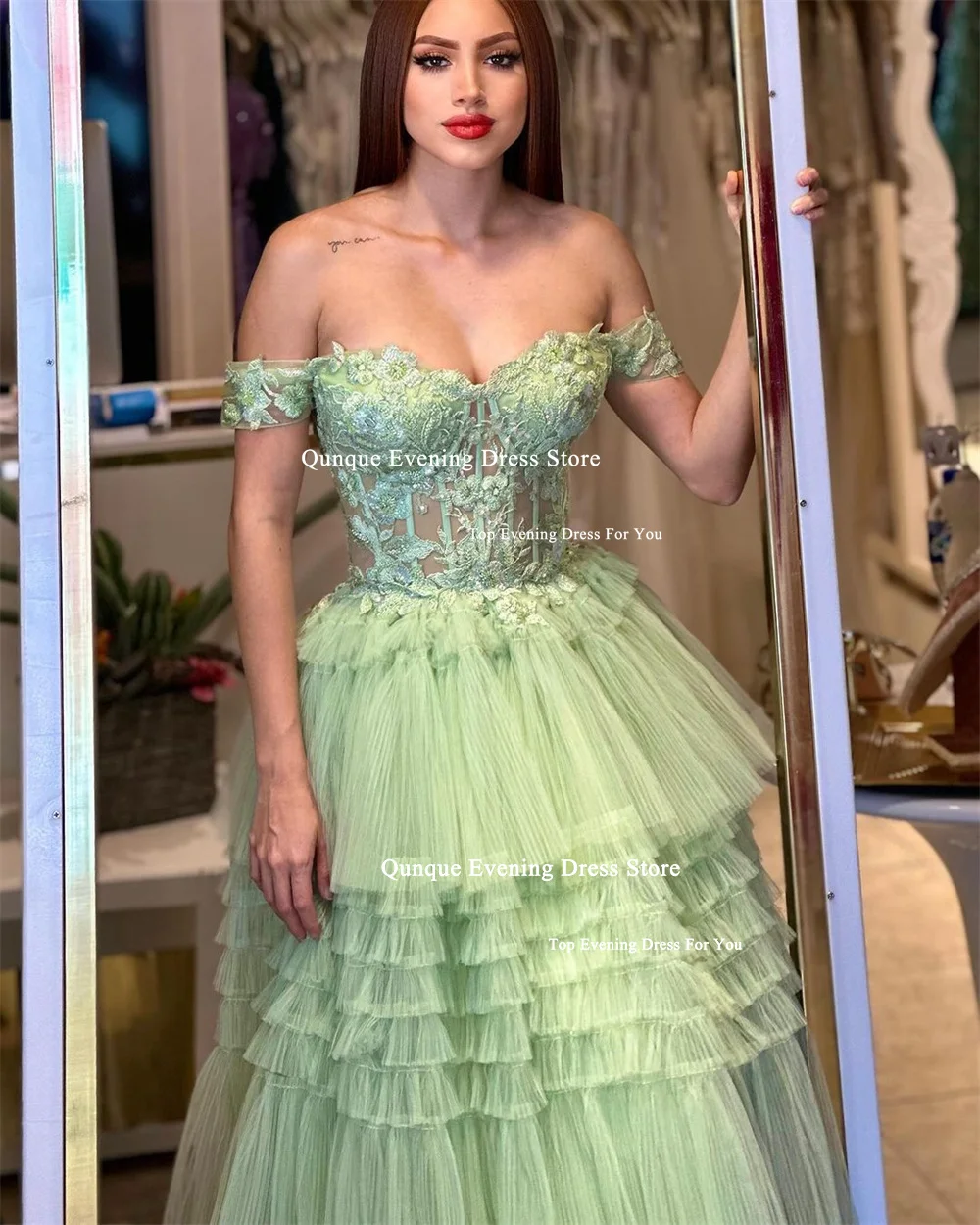 Qunque Sweetheart Mint Green Tiered Tulle Prom Dress Customized Appliques Beaded Gorgeous Robes De Cocktail Birthday Dresses