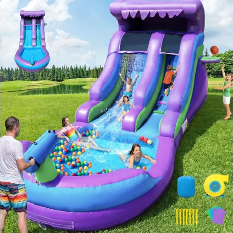 

Commercial outdoor inflatable water slide for adults and kids heavy-duty 100 PVC material blue and yellow includes 750 W blower