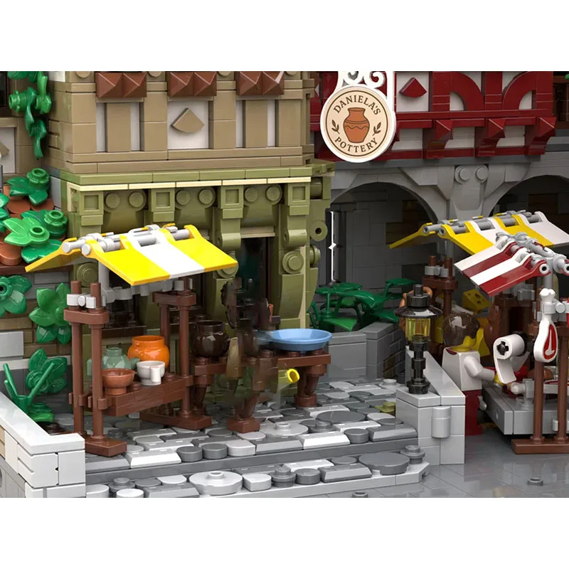 MOC قلعة القرون الوسطى وحدات بناء مركز المدينة المزارعين السوق نموذج لتقوم بها بنفسك تجميع ألعاب خشبية هدية عيد الأطفال