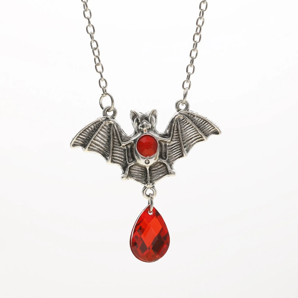 Gothic Sliver Color Vampire Bat Teardrop-shaped Purple Rhinestone Pendant Necklace for Women Steampunk Halloween Gifts Jewelry