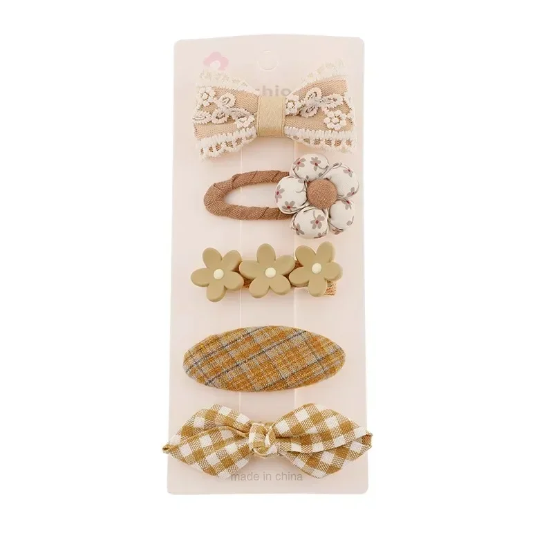 5pcs/set Sweet Kids Hair Clip Beige Coffee Color Series Plush Hairpin for Toddler Autumn Winter Kawaii Bowknot Headwear for Girl