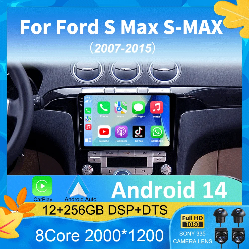 

9" Android 14 Car RadioFor Ford S Max S-MAX 2007 - 2015 Multimedia Player 2 Din Navigation GPS RDS DSP TB Carplay 5G WIFI