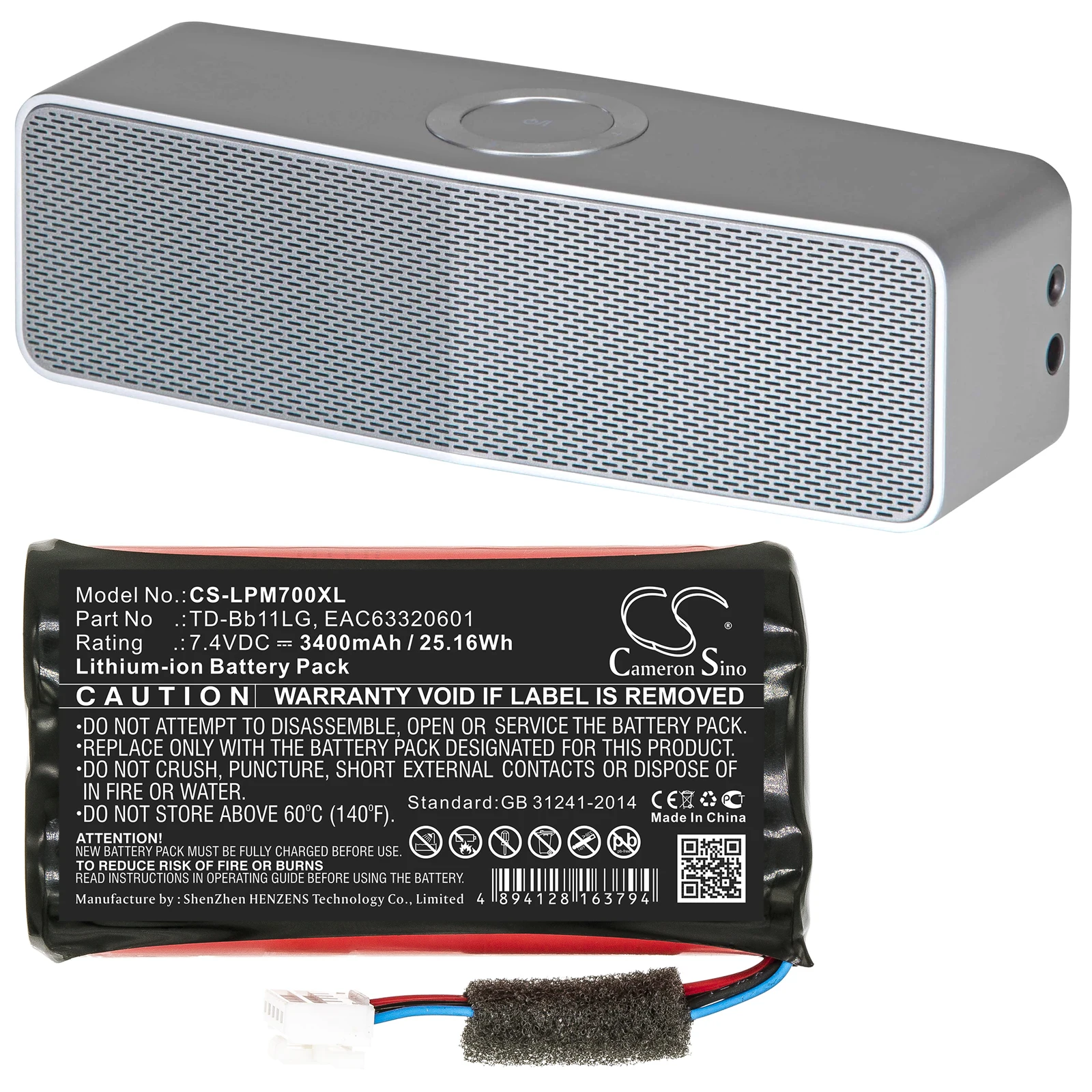 Batería de repuesto CS para LG Music Flow P7,NP7550,PJ9,PJS9W,PJ9B,PK7,Xboom Go PK7 PN:TD-Bb11LG,EAC63320601 3400mAh / 25.16Wh