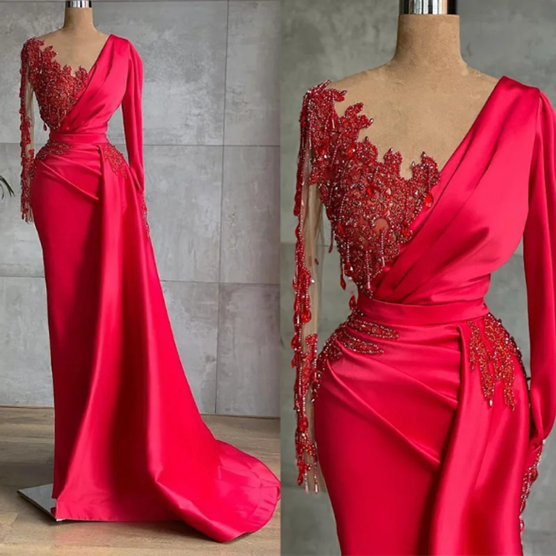 Maßgeschneiderte arabische Satin-Meerjungfrau-Abschlussballkleider mit V-Ausschnitt, Vintage-Stil, lange Ärmel, Abendkleid, Falten, Perlen, Spitze, Dubai, Damen-Partykleider