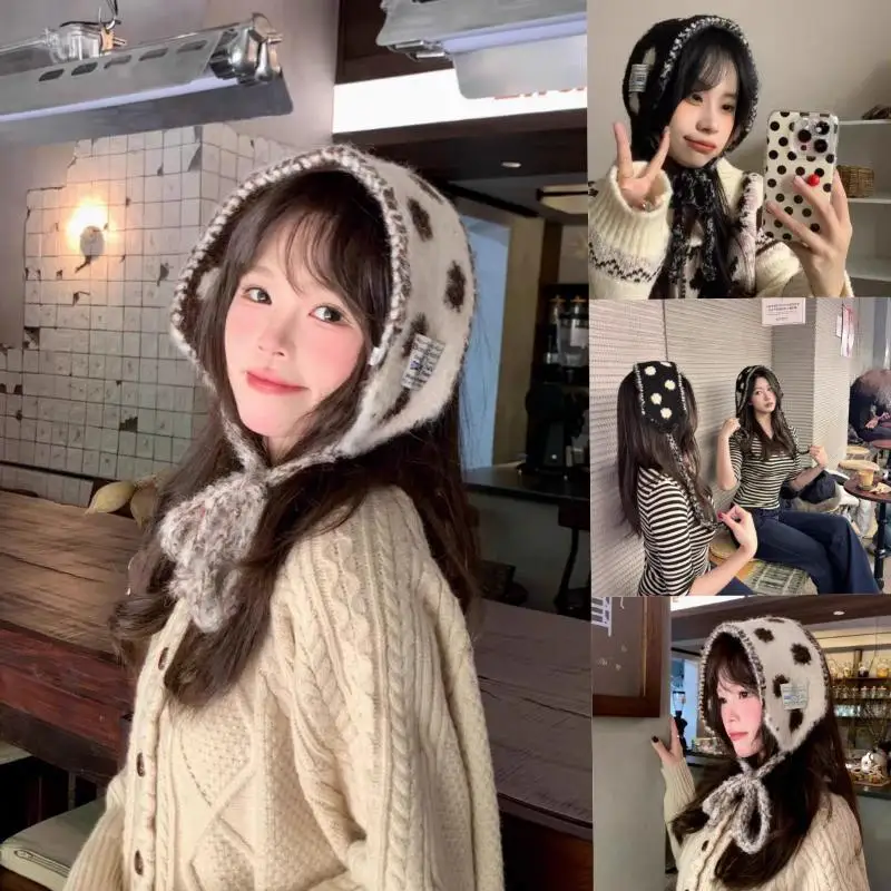 Womens Cute Polka Dot Fuzzy Knit Ear Flap Hat Soft Warm Fabric Adjustable Tie Strings For Winter Daily Wear Outdoor Activities