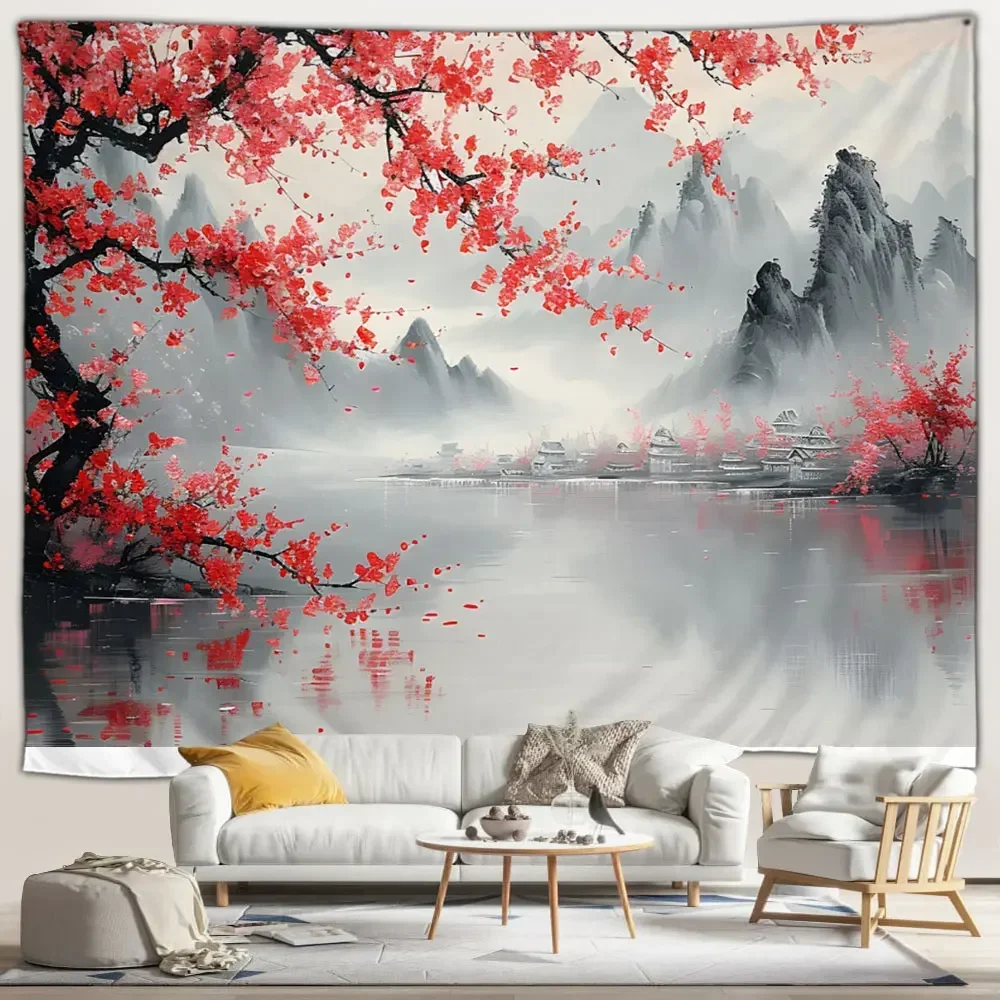 

Japanese Scenery Tapestry Pink Cherry Blossom Flowers Misty Landscape Chinese Architecture Living Room Bedroom Decor Wall Hangin