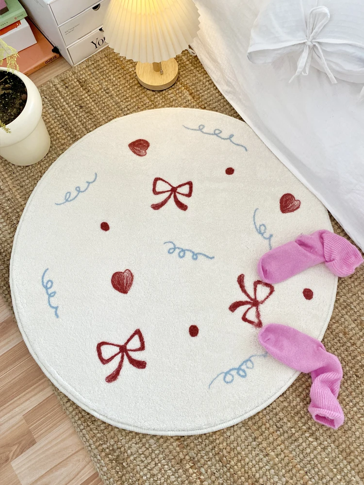 VIKAMA Bowknot Round Living Room Carpet Soft and Comfortable Washable Home Decoration Girls' Bedroom Side Rug