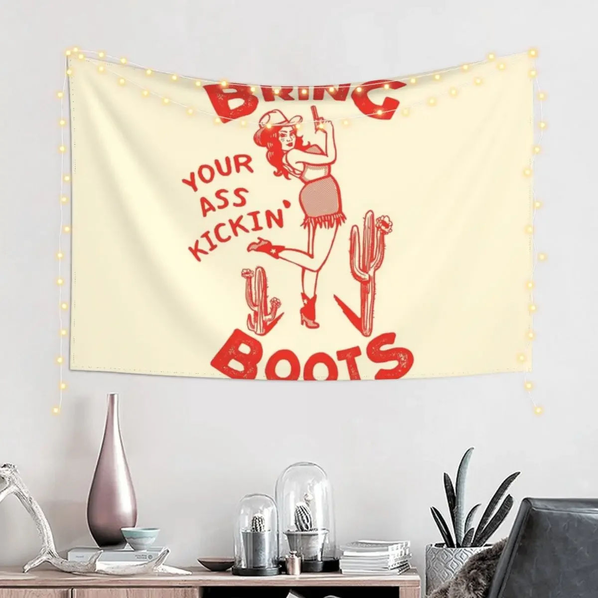 Bring Your Ass Kicking Boots! Cool Retro Cowgirl With A Gun- A Great Gift Idea For Women! Tapestry Japanese Room Decor Tapestry